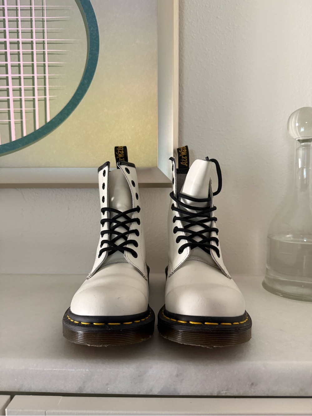 Dr. Martens White Leather Combat Boots with Black Laces